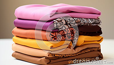 A vibrant collection of folded shirts in a modern closet generated by AI Stock Photo