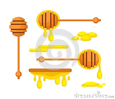 Vibrant collection of honey dippers and dripping honey, capturing the sweetness and texture of honey in a colorful Vector Illustration