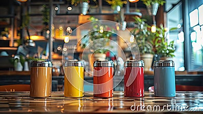 Vibrant collection of thermal drinkware in a cozy cafe setting Stock Photo