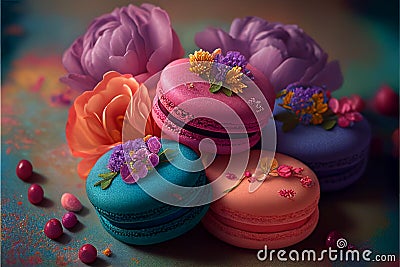 Vibrant colored French macaroons with little flower details Stock Photo