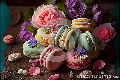 Vibrant colored French macaroons with little flower details Stock Photo