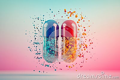 Colorful particles spill out from a split capsule creating a vibrant display in a surreal background. Generative AI Stock Photo