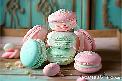 Vibrant colored pastel French macaroons in pink and mint flavours Stock Photo