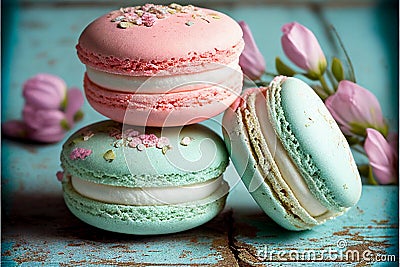 Vibrant colored pastel French macaroons in pink and mint flavours Stock Photo