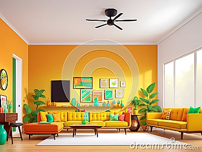 Vibrant Colorful Aesthetic Modern Living Room Illustration. Generative AI Stock Photo