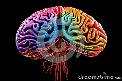 Vibrant colorful brain, Neurons synapses, memory neurotransmitters cortex, neuroplasticity, intelligence, gray matter, hippocampus Stock Photo