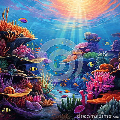 Vibrant and Colorful Coral Reef: Coastal Treasures Cartoon Illustration