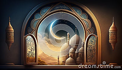 Eid-al fitr background of window with mosque Stock Photo