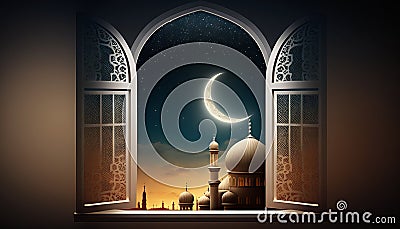 Eid-al fitr background of window with mosque Stock Photo