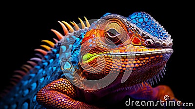 Vibrant Colorful Iguana On Black Background Stock Photo