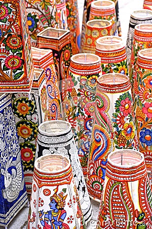 Vibrant colorful lampshades for sale at the Pune Crafts Mela in Maharashtra India, Interior decorative lamp shade of Tribal Editorial Stock Photo