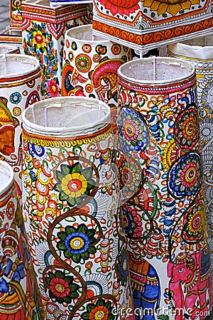 Vibrant colorful lampshades for sale at the Pune Crafts Mela in Maharashtra India, Interior decorative lamp shade of Tribal Editorial Stock Photo