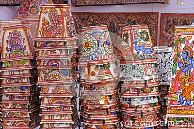 Vibrant colorful lampshades for sale at the Pune Crafts Mela in Maharashtra India, Interior decorative lamp shade of Tribal Editorial Stock Photo