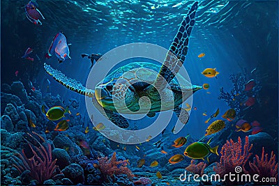 Vibrant colorful psychedelic green sea turtle underwater swimming Stock Photo