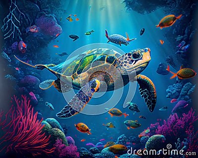 Vibrant colorful psychedelic green sea turtle underwater swimming Stock Photo