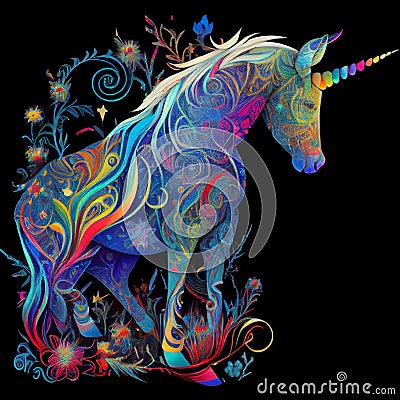 Vibrant colorful psychedelic unicorn artistic colors on black background Stock Photo