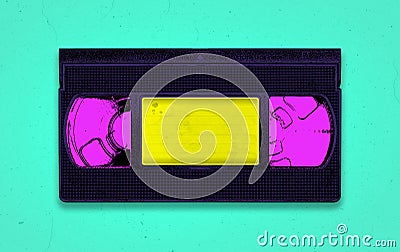 A vibrant and colorful retro synthwave themed VHS video tape illustration with distressed background and copy space Cartoon Illustration