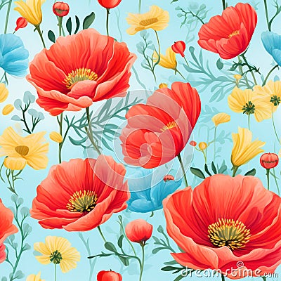 Vibrant and colorful seamless pattern spring blossoms background, hand painted with watercolors Stock Photo