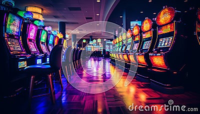 Vibrant and colorful slot machine with spinning reels and rolling drums in a lively casino setting Stock Photo