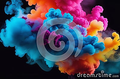 Vibrant colorful smoke rises from the azure water against a dark background Stock Photo