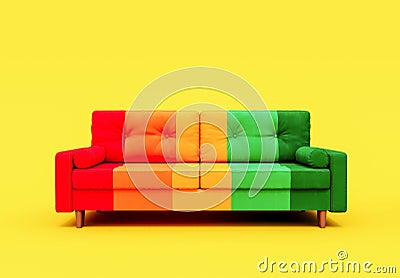 Vibrant colorful sofa on yellow background. Modern furniture and interior design ideas. Stock Photo