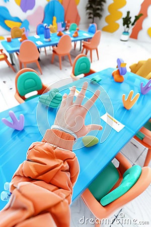 vibrant and colorful workspace features blue table surrounded by playful chairs and decorative objects, creating inviting Cartoon Illustration
