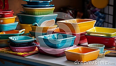 Vibrant colors of crockery stack in kitchenware department generated by AI Stock Photo