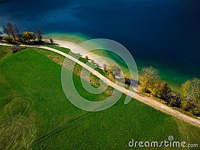 Vibrant colors of nature at Bohijn lake in Slovenia, drone view from above Stock Photo