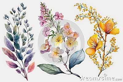 Watercolor Floral. Vibrant Colors, Spring Flowers, Elegant flowers. Isolated on white background. Stock Photo