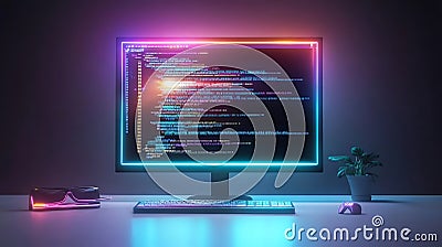 vibrant computer monitor displaying colorful game code in dark room Stock Photo
