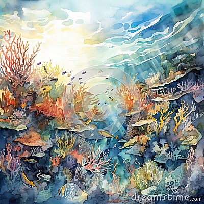 Vibrant Coral Reef Watercolor Painting by Generative AI Stock Photo