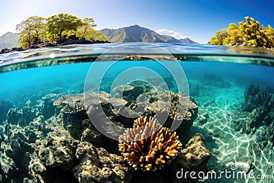 vibrant corals benefiting from sunlight under clear, blue ocean Stock Photo