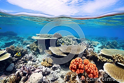vibrant corals benefiting from sunlight under clear, blue ocean Stock Photo
