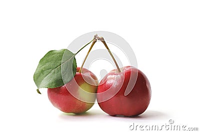 Vibrant crab apples with attached leaf isolated on white Stock Photo