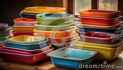 Vibrant crockery collection in a wooden stack generated by AI Stock Photo