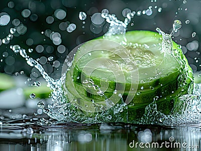 Vibrant CUCUMBER splashing with water and ice on elegant black background sliced cucumbers float on the surface of the Stock Photo