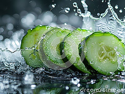 Vibrant CUCUMBER splashing with water and ice on elegant black background sliced cucumbers float on the surface of the Stock Photo
