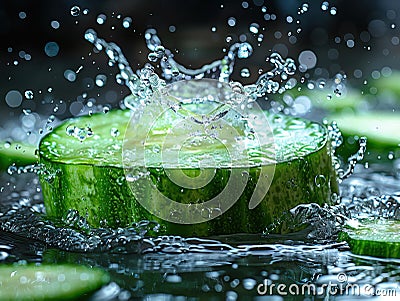 Vibrant CUCUMBER splashing with water and ice on elegant black background sliced cucumbers float on the surface of the Stock Photo