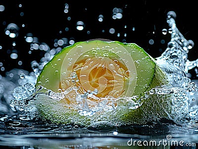 Vibrant CUCUMBER splashing with water and ice on elegant black background sliced cucumbers float on the surface of the Stock Photo