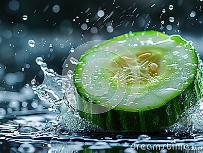 Vibrant CUCUMBER splashing with water and ice on elegant black background sliced cucumbers float on the surface of the Stock Photo