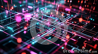 Vibrant cyberpunk visualization of blockchain nodes and crypto mining hubs with glitch effects Stock Photo