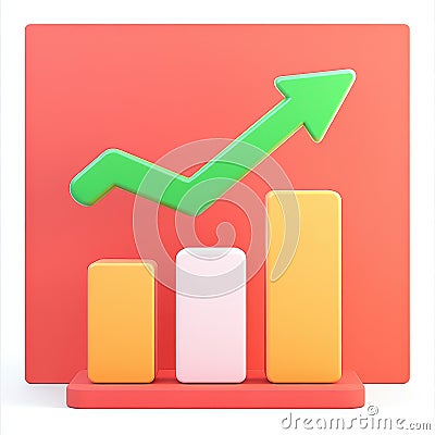 A vibrant 3D icon featuring a green upward arrow soaring above a bar graph in striking red, green, and orange hues Stock Photo