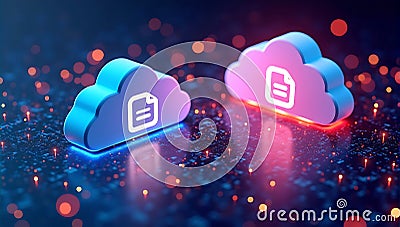 A vibrant 3D-rendered concept of data files transferring between two digital cloud icons, surrounded by glowing binary code and Stock Photo