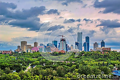 Vibrant Dark Cloudscape Over Downtown Edmonton Stock Photo