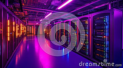 A vibrant data center illuminated by colorful lights, showcasing rows of server racks in a modern technological environment Stock Photo