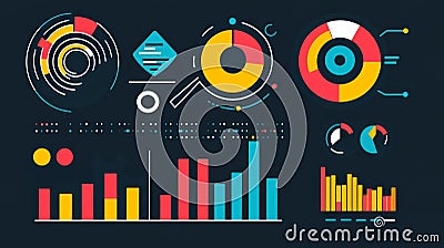 Vibrant data visualization elements featuring colorful graphs, charts, and icons for effective information presentation Stock Photo