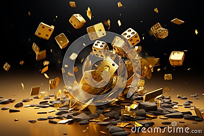 Vibrant and dazzling golden craps dice in captivating motion at a lively casino setting Stock Photo