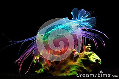 vibrant deep-sea shrimp emitting bioluminescent sparks Stock Photo