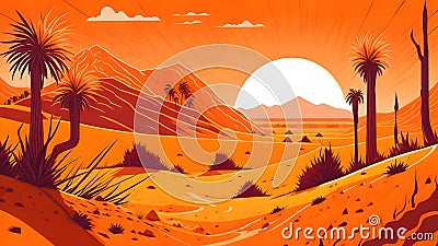 Vibrant Desert Landscape Sand Dunes and Blazing Sun Vector Art - Splash Art for a Mesmerizing Experience Stock Photo