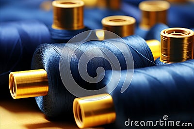 Vibrant detailed close up of intricate blue thread pattern beautifully wrapped around a spool Stock Photo